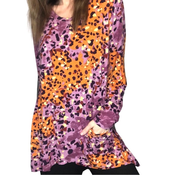 Logo Colorful Lagenlook Tunic Top XL Pocket Asymmetric Hem Jersey Knit Leopard - Picture 1 of 15